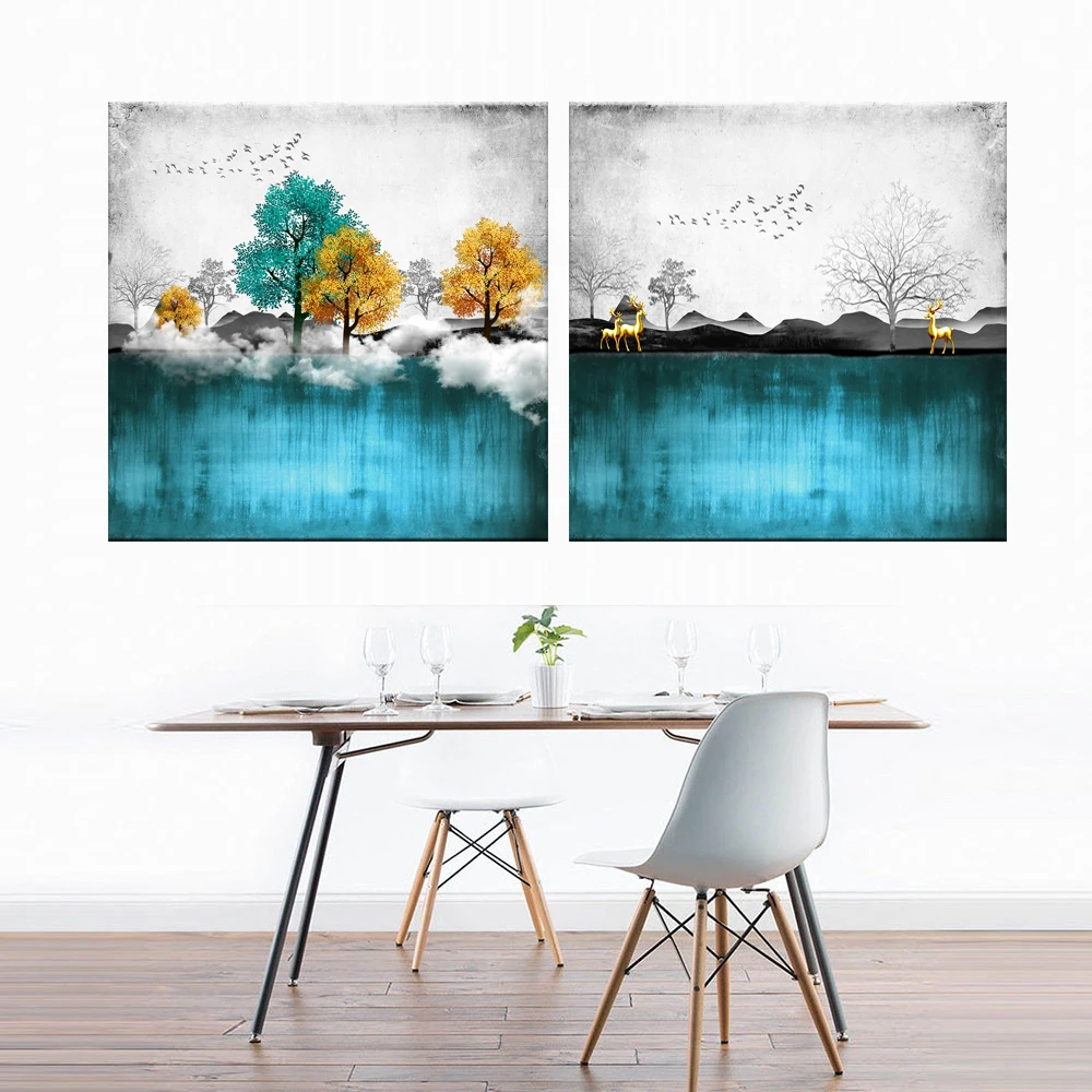 

Mountain Lake Tree Elk Picture Nature Scenery Abstract Poster Nordic Decoration Print Landscape Wall Art Canvas Painting Cuadros