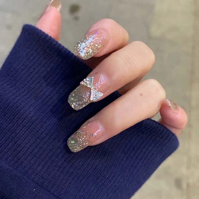 

24pcs Rhinestones Inlaid Nail Patch Glue Type Removable Long Paragraph Fashion Manicure Save Time False Nail Patch TO