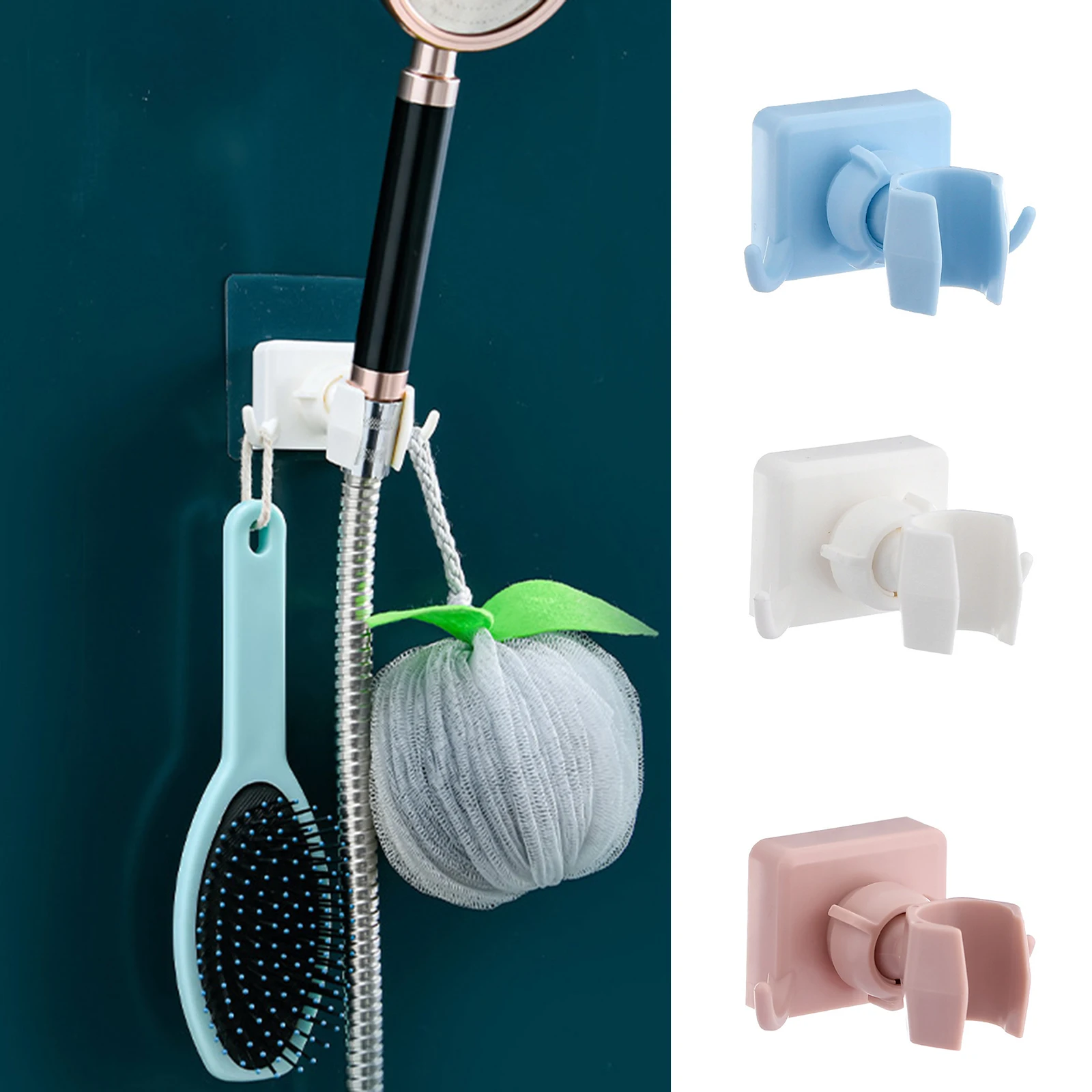 

Punch-free Adhesive Shower Bracket 180 Degree Adjustable Shower Holder with Hooks for Bathroom VJ-Drop