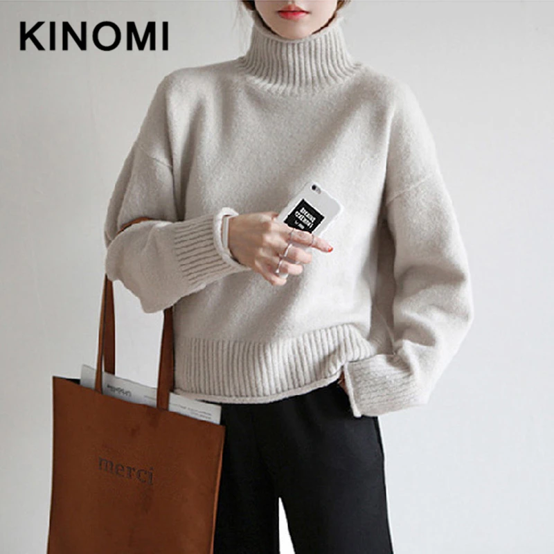 KINOMI осенне-зимний женский свитер с длинным рукавом модный высоким воротом