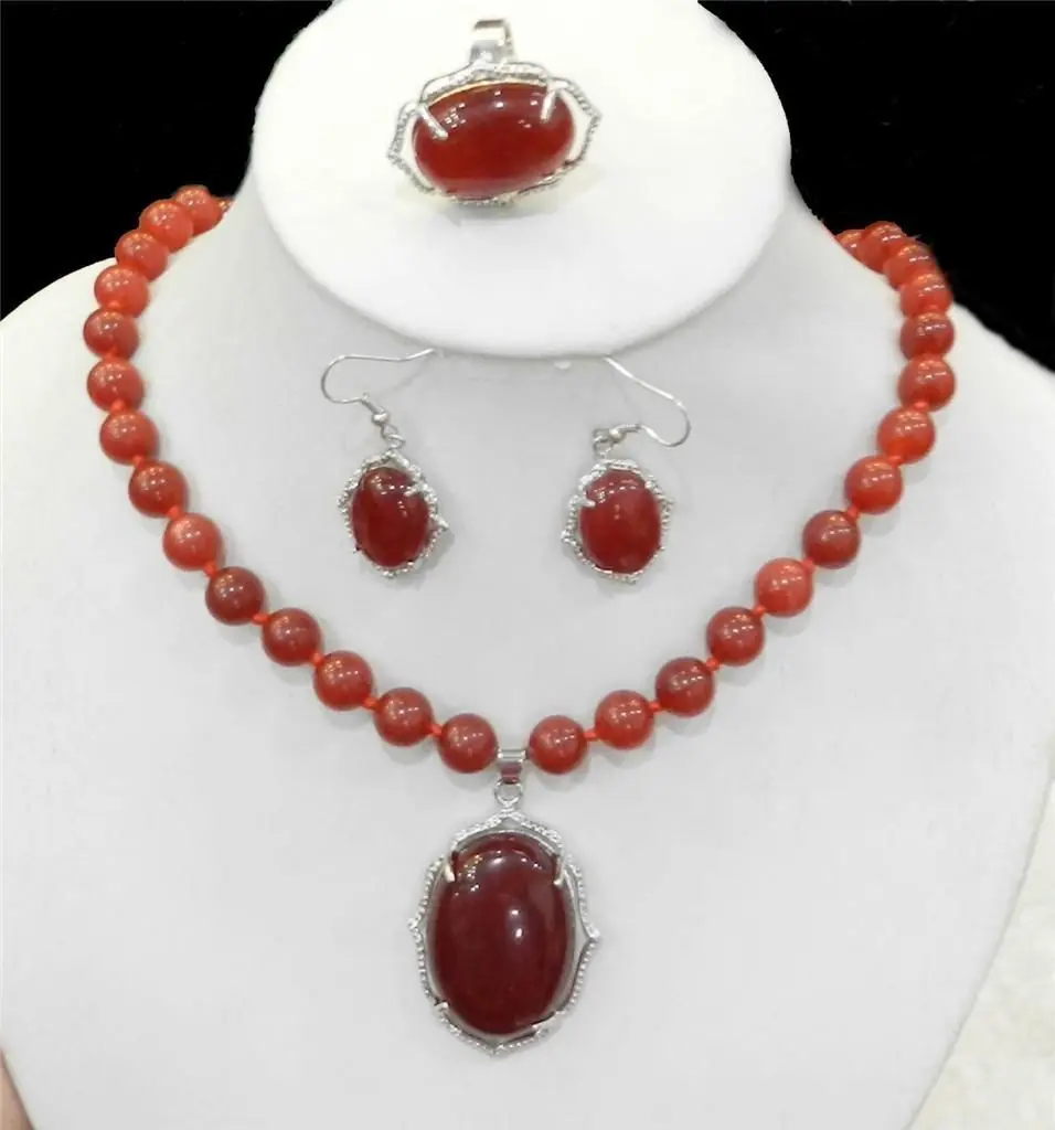 

Natural Charming Green red jade Necklace Ring Earring Jewelry Sets