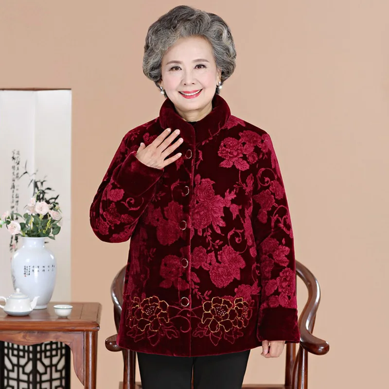 

womens coats winter middle-aged and elderly mother and grandma clothing pattern cotton jacket plus velvet plus size