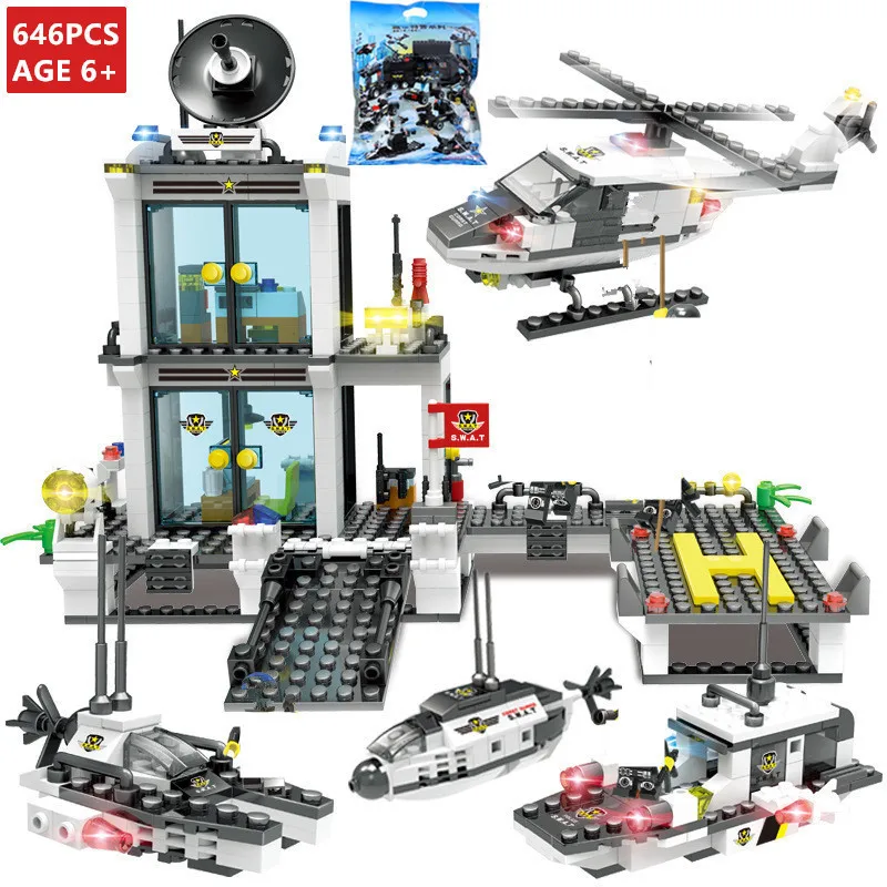 

646Pcs City Police SWAT Command Coast Guard Helicopter Model Building Blocks Creator Brinquedos Educational Toys for Children