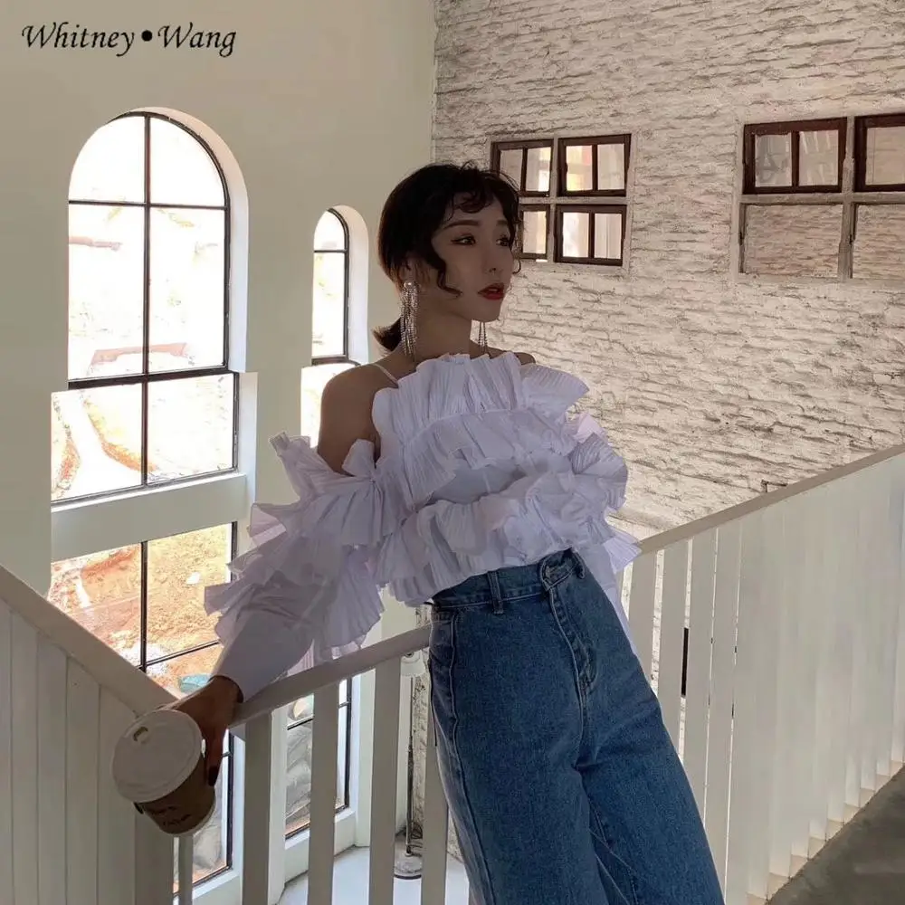 WHITNEY WANG блузки 2020 Весенняя модная уличная шифоновая блузка с рюшами и рукавами