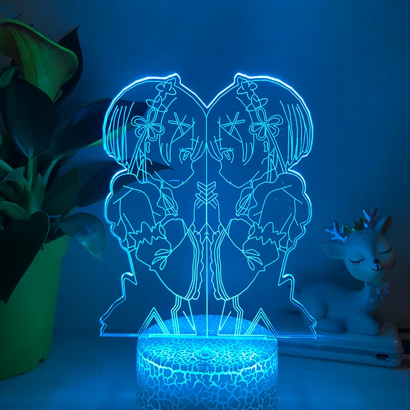 

Anime Acrylic 3D Illusion LED Night Light Rem and Ram From Re Zero Starting Life In Another World Home Decor 16RGB Touch Lamp