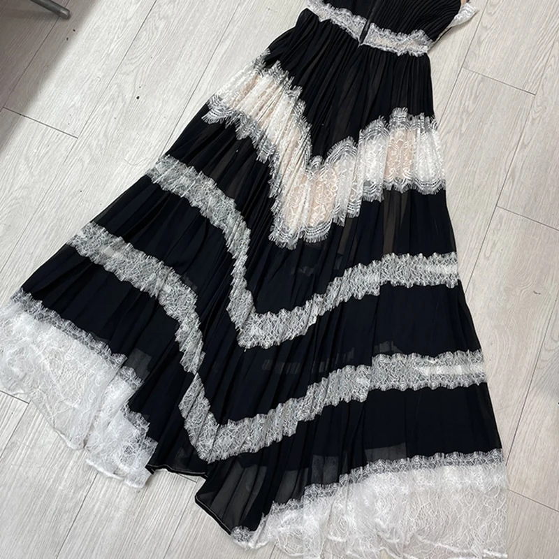 

Casual Patchwork Lace Hit Color Dress For Women V Neck Sleeve High Waist Ruched Midi Dresses Female Summer 2021 New