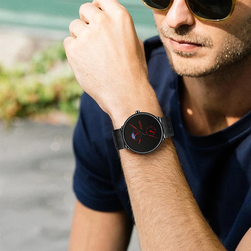 Мужские повседневные часы из черного сплава с сеткой Креативные мужские большим