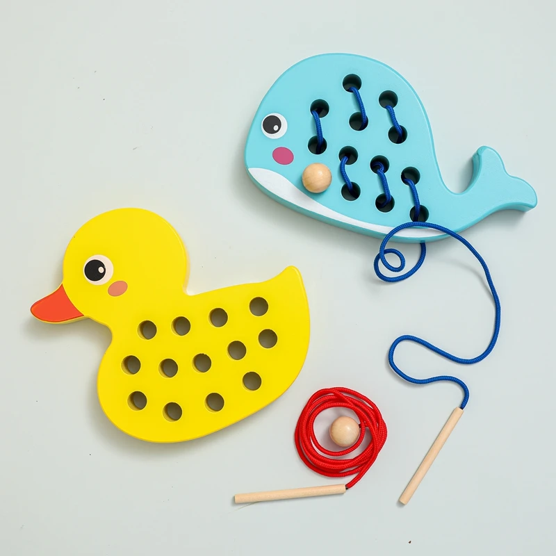 

1Set Montessori Wooden Duck Cartoon Board Threading Preschool Toys Hand Eye Coordinatio Puzzle Family Games Early Learning Toys