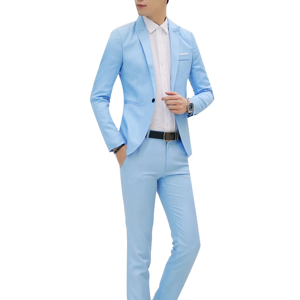 

2Pcs Fashion Men Solid Color Lapel Button Long Sleeve Slim Blazer Suit Pants