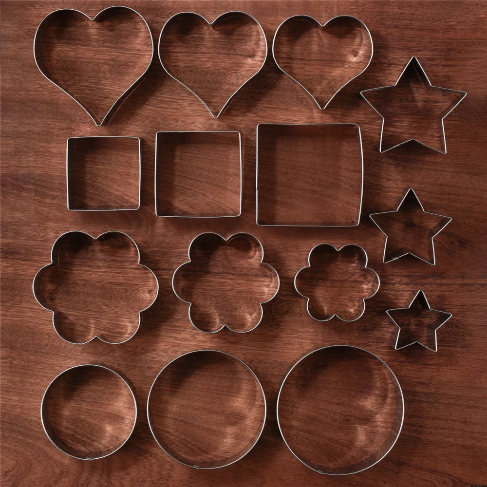 KENIAO Basic Stars, Hearts, Circles(Rounds), Flowers(Scalloped Edge)& Squares Cookie Cutters Set-15 шт.-нержавеющая сталь
