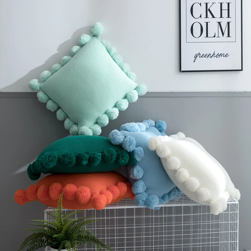 

Solid Cushion Cover White Green Orange Blue Knitted Pom pom Solid Pillow Case 45*45cm Soft For Sofa Bed Nursery Room Decorative