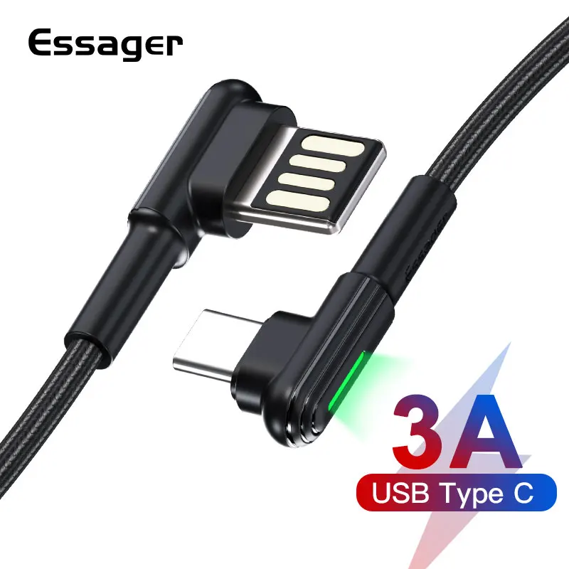 Кабель Essager usb type C 90 градусов USBC шнур для samsung Xiaomi Redmi Note 7 3A Быстрая зарядка зарядное устройство кабель для мобильного телефона USB-C