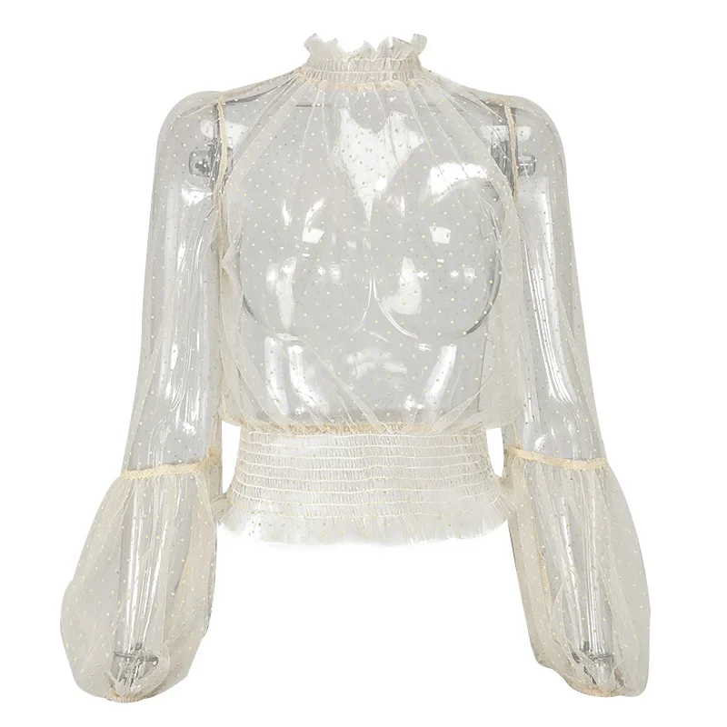 

Women Newest Sexy Perspective Gauze Polka Dot Tops Ladies Puff Sleeve Mesh Lantern Sleeve T-shirt Street Style Women Sexy Tops