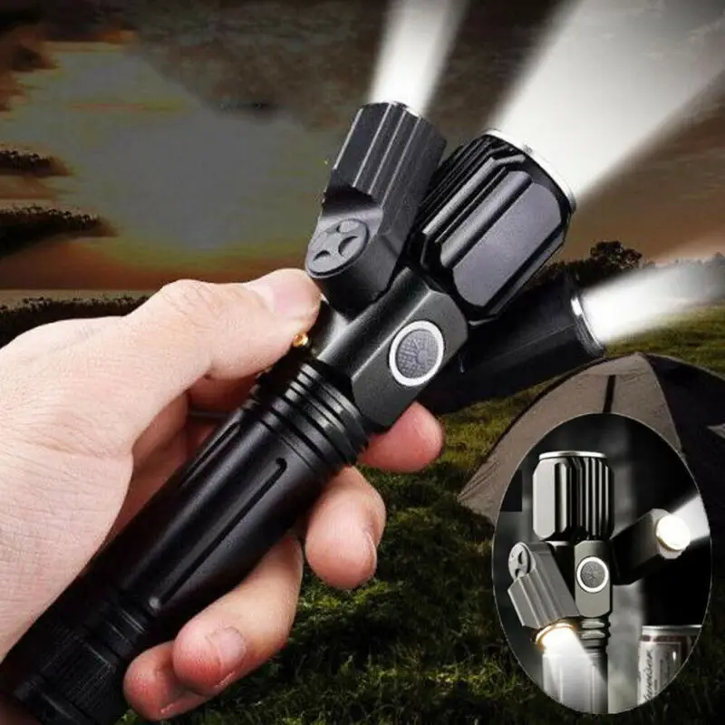 

USB Charging Three Head LED Flashlight Rotating Multifunction 20000LM 3 Modes Police Tactical Defense Flashlight Stick