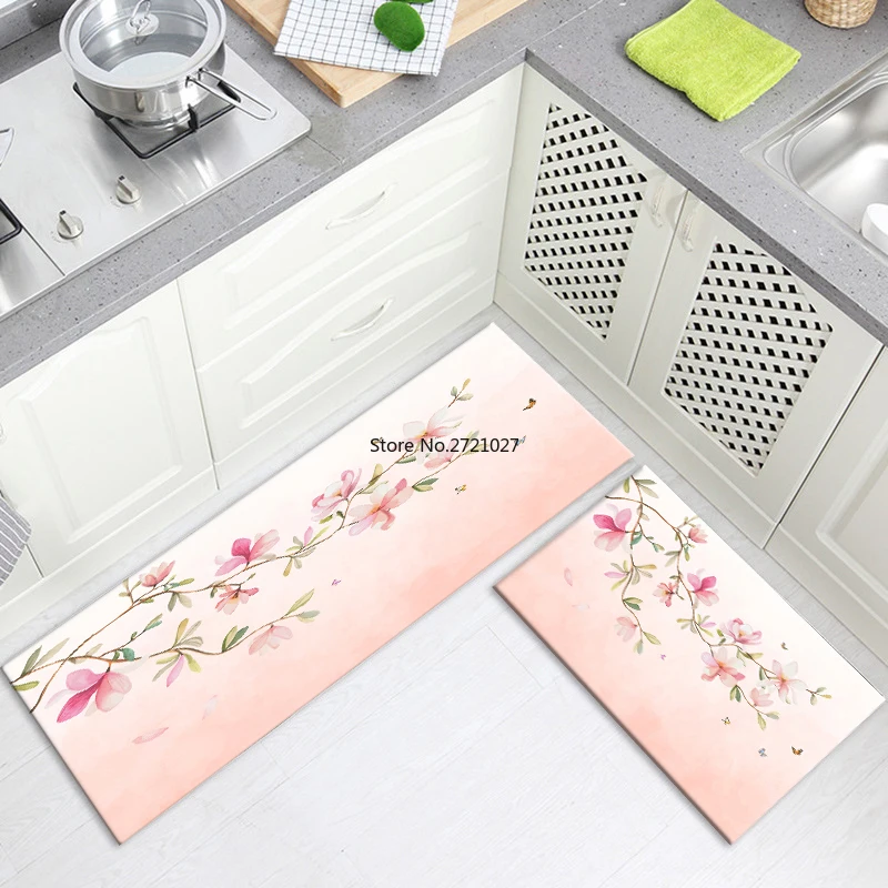 

Fresh Floral Pink Floor Mat for Kitchen Room Flannel Doormat Absorbent Entrance Mat Bedside Mat for Girl Room Hallway Mat