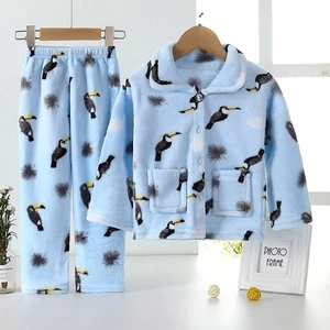 New 2021 Kids Boys Girls Autumn Winter Keep Warm Flannel Pajama Sets Cartoon Print Lapel Tops with Pants Sleeping Clothing Sets