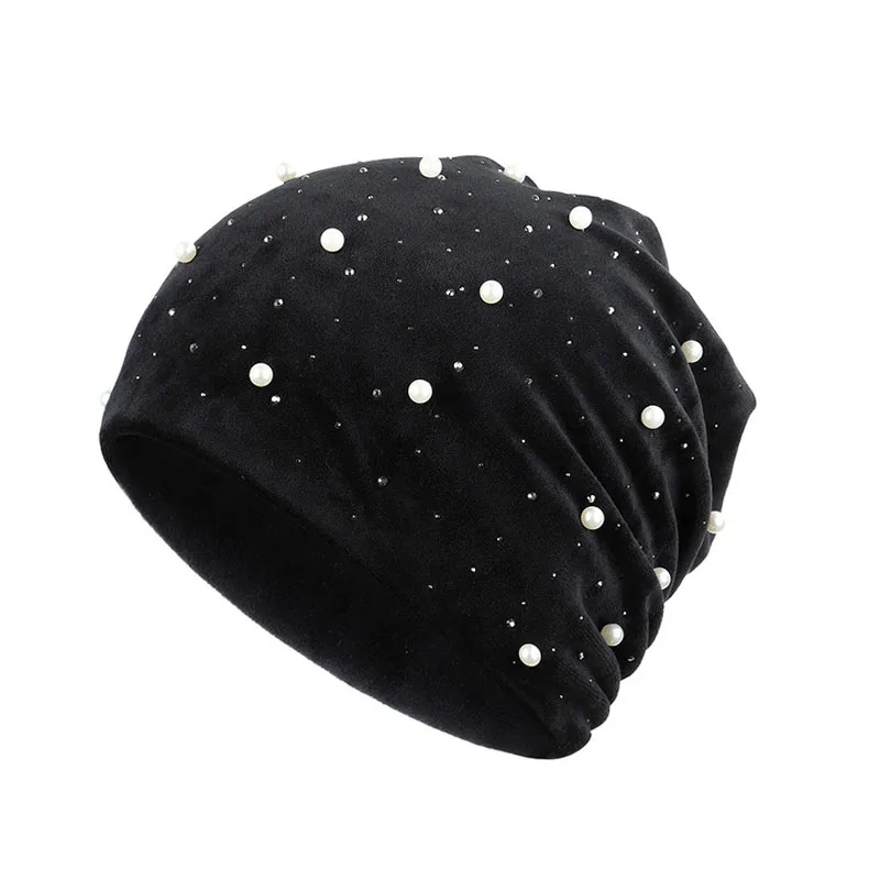 Горячая Распродажа 2019 модные однотонные женские шапочки Skullies Beanies с жемчугом