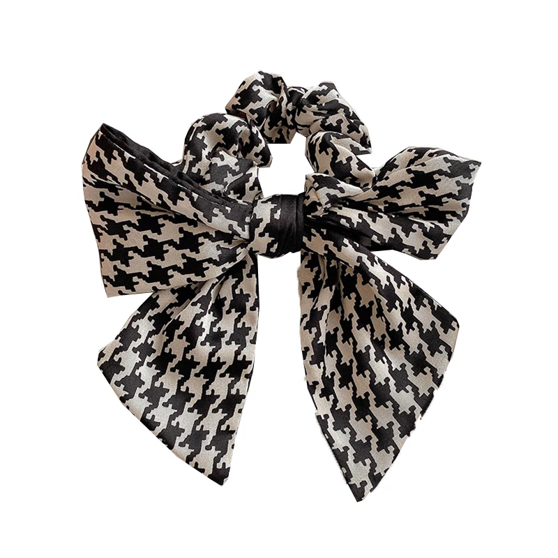 

Houndstooth Print Hair Scrunchies Bow Ribbon Hair Ring Long Streamer Big Bowknot Hair Rope Hair Scarf Korean Elastic Hair Band
