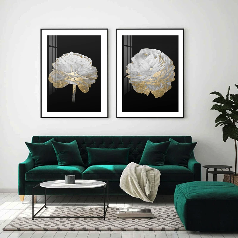 

White Floral Glam Golden Abstract Poster Nordic Art Botanical Canvas Painting Print Modern Wall Picture for Living Room Decor