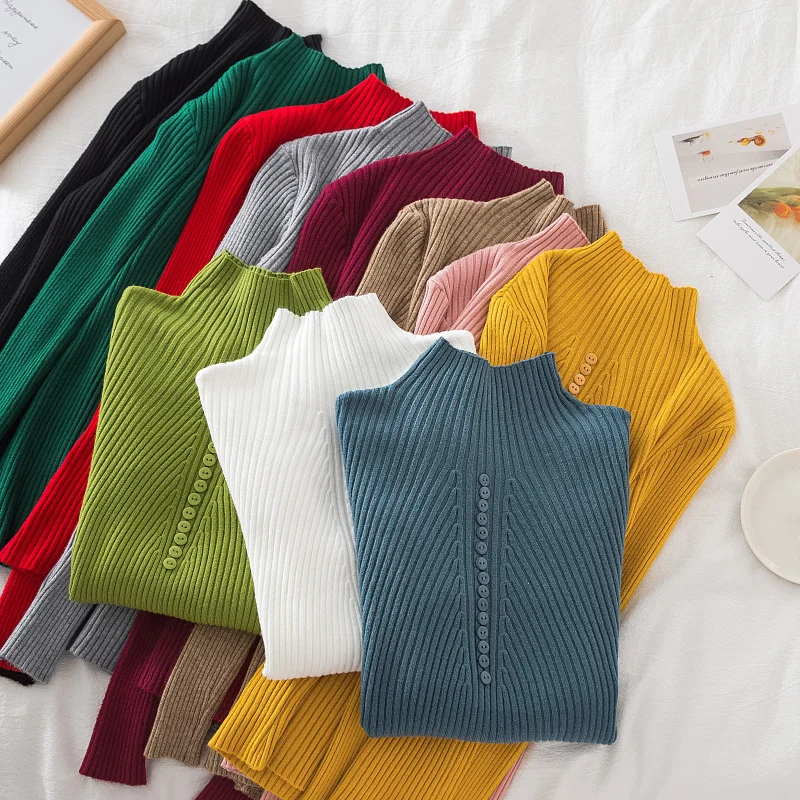 

Autumn Knitwear Women 2021 New Slim Buttons Turtleneck Long Sleeve Sweater Pullover Female Fashion Base Sweaters Jumpers