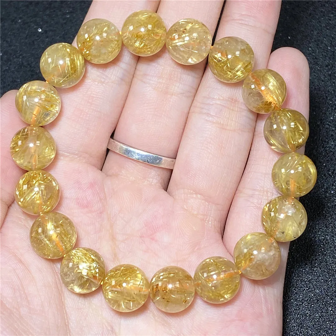 

11mm Natural Gold Rutilated Quartz Bracelet For Woman Man Healing Wealth Gift Crystal Round Beads Gemstone Jewelry Strands AAAAA