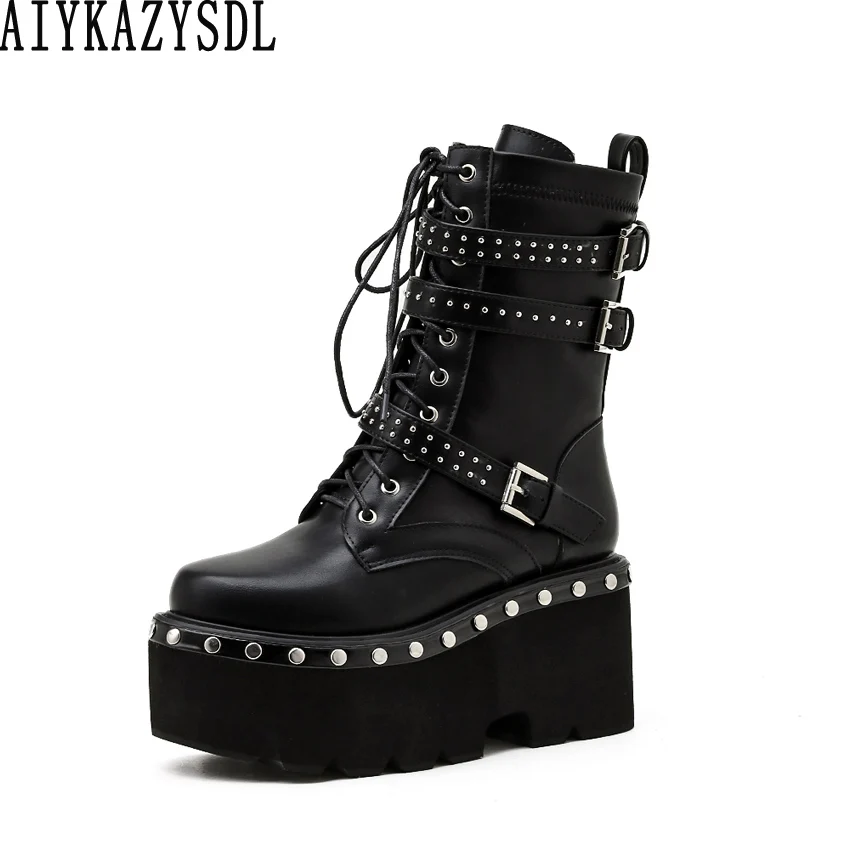 

AIYKAZYSDL 2021 Women Punk Boots Motorcycle Bootie Mid Calf Thick Platform Wedge Chunky High Heels Gothic Shoes Plus Size 41 42