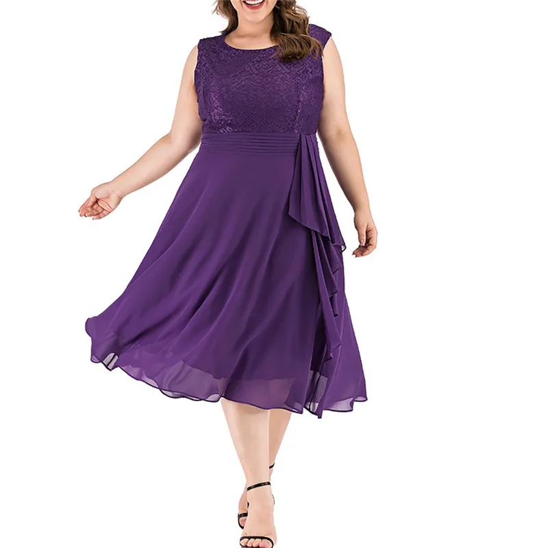 Женское платье размера плюс элегантное миди с круглым вырезом и кружевом без