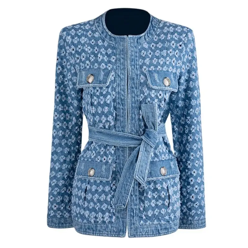 

Vintage Blue Denim Jacket With Belt Waisted Ripped Hole Women Coat 2021 Autumn Long Sleeve Pockets Streetwear New
