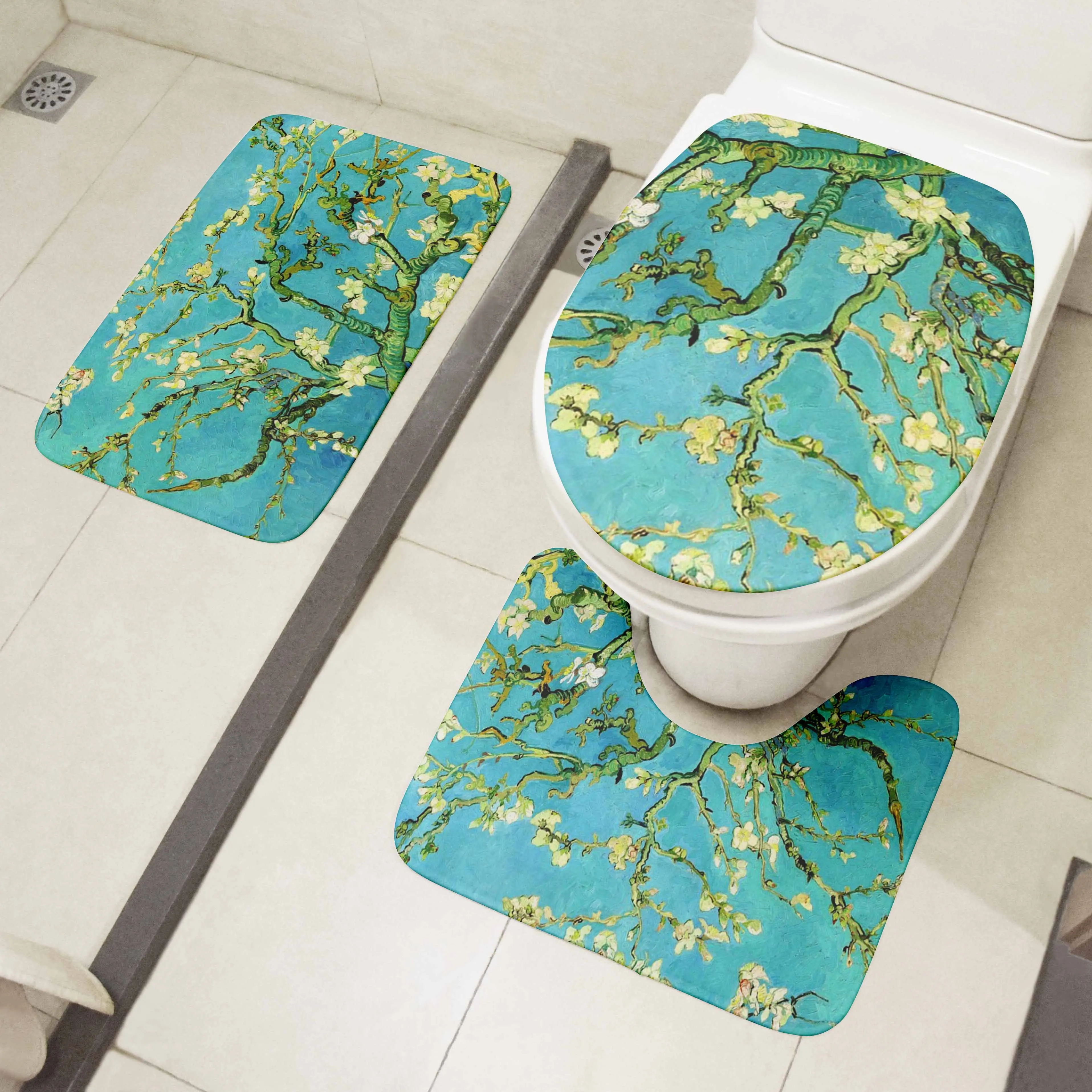 toilet mat set 3d van gogh oil painting sunflower starry night floor rugs bathroom shower flannel non slip carpet toilet cushion free global shipping