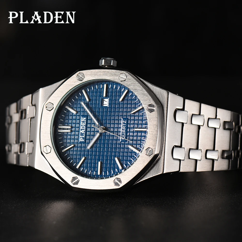 

PLADEN Blue Earth Dial Mens Watches Top Brand Luxury Quartz Wristwatch Full Stainless Steel Clock Waterproof Sport Wrist Watch