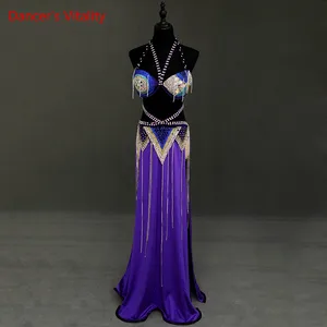 Женский костюм для танца живота, комплект из высококачественного бюстгальтера с бриллиантами и длинной юбки, одежда для соревнований, одежда для профессиональных выступлений