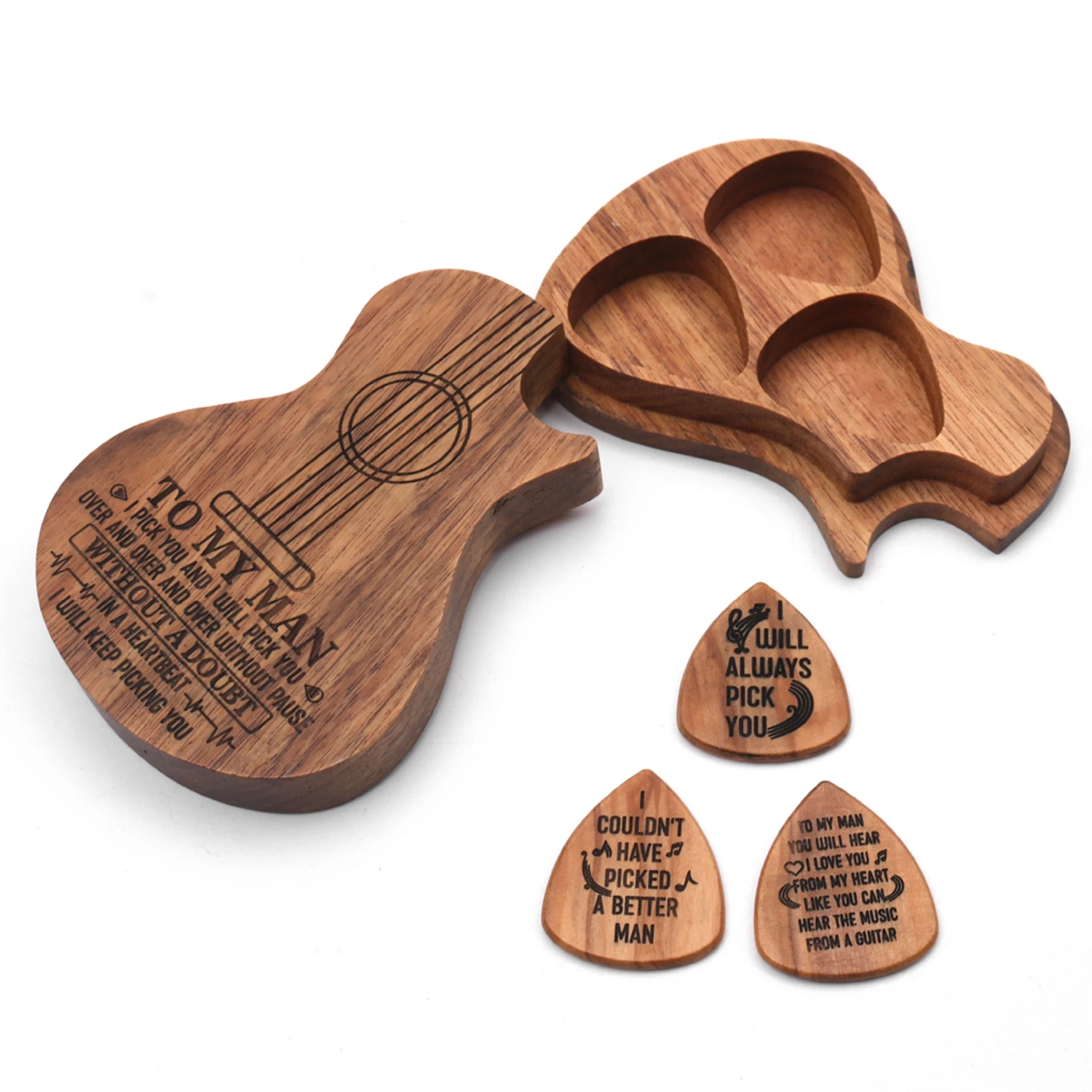 

Wooden Guitar Pick Box Holder Guitar Shape 3 Compartments Paddles Wood Container with 3pcs Olivewood Picks Guitar Parts