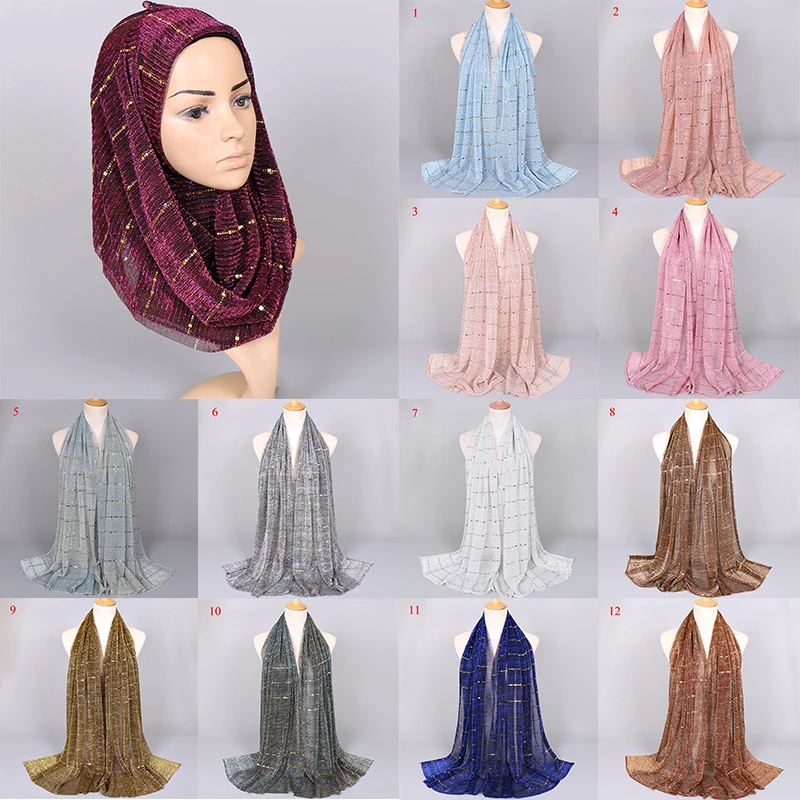 

Fashion Elegant Women Gold Bling Sequins Silk Solid Color Muslim Head Scarf Shawls and Wraps Bandana Female Foulard Soft Hijab