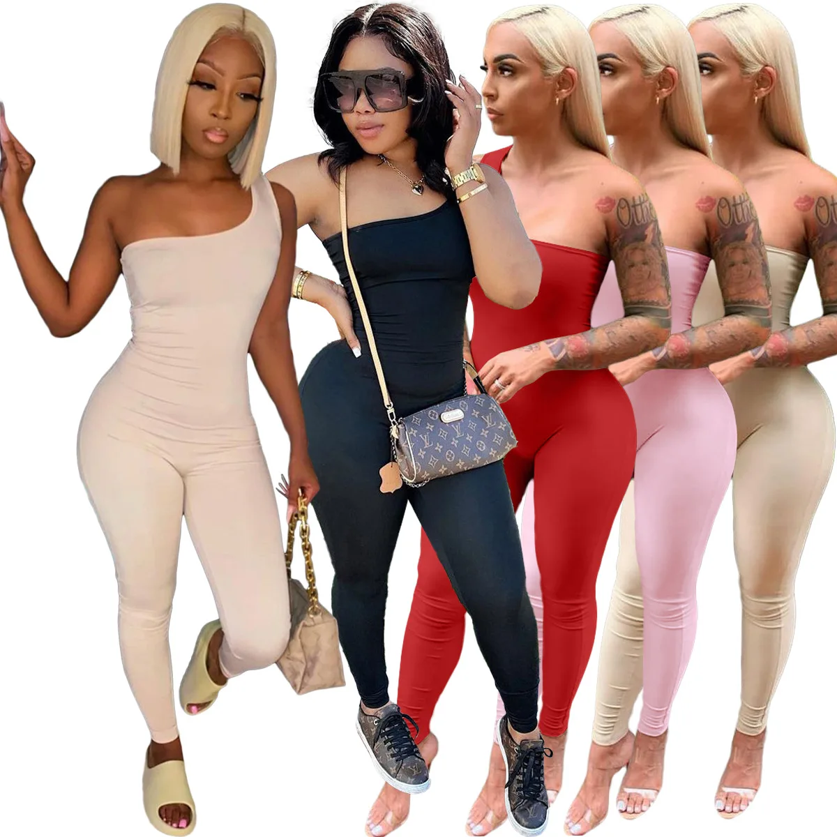 

A&BHelenss Fashion Simple Pure Color Strapless Sleeveless Skinny Jumpsuits Sexy Tight Club Party Sheath Bodysuits