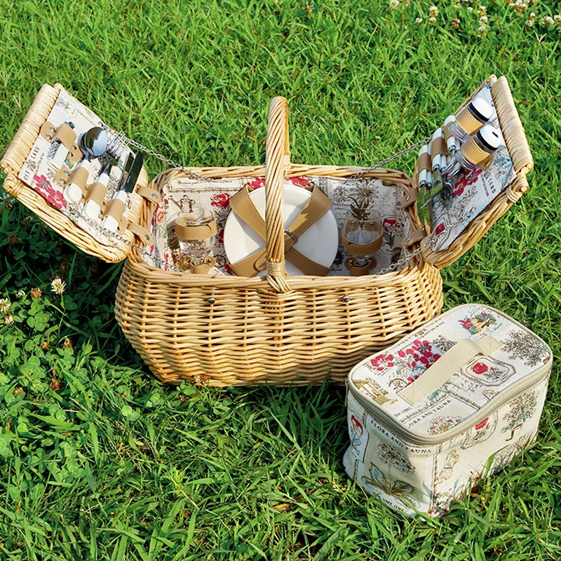 Переносная Корзина для пикника четырех человек ручная с крышкой изолированная