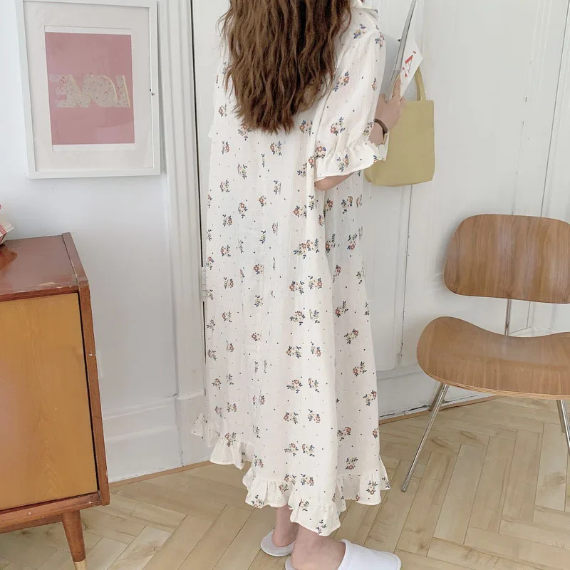 Korean Summer Cotton Nightdress Women's Flower Nightgown Short Sleeve Dress Ruffle Sweet Housewear Female Sleepwear Lnightwear