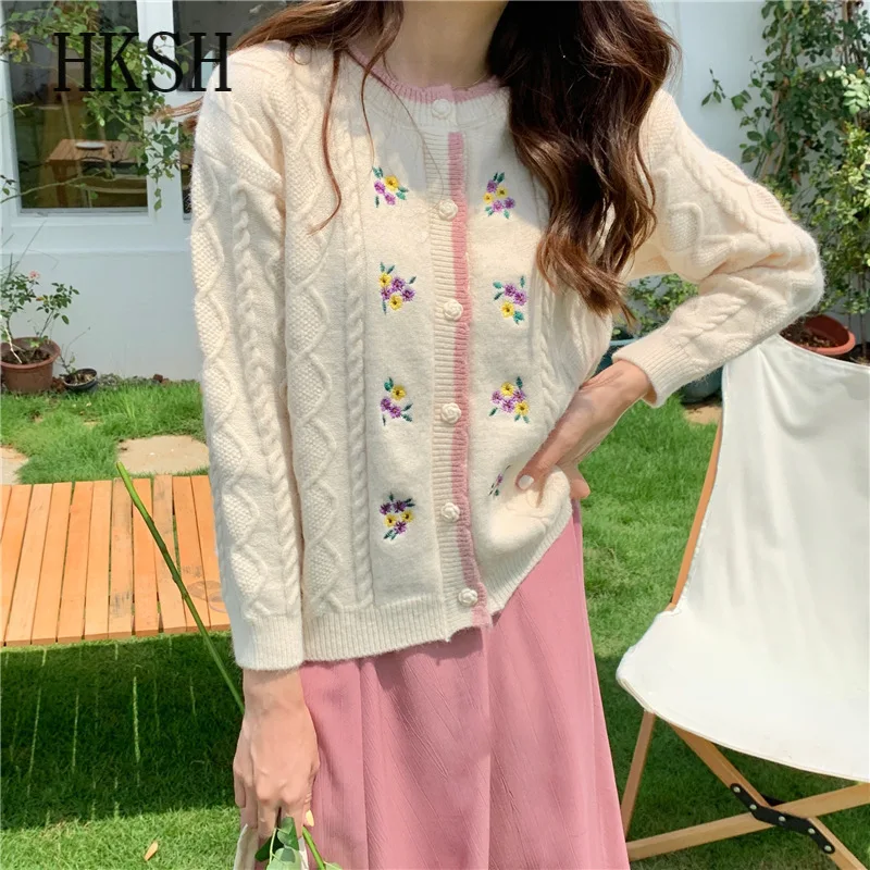 

Women Pullover Korean Fashion Floral Striped Loose Embroidery Cardigan Sweater Spring Autumn Casual Pull Femme Jersey Mujer