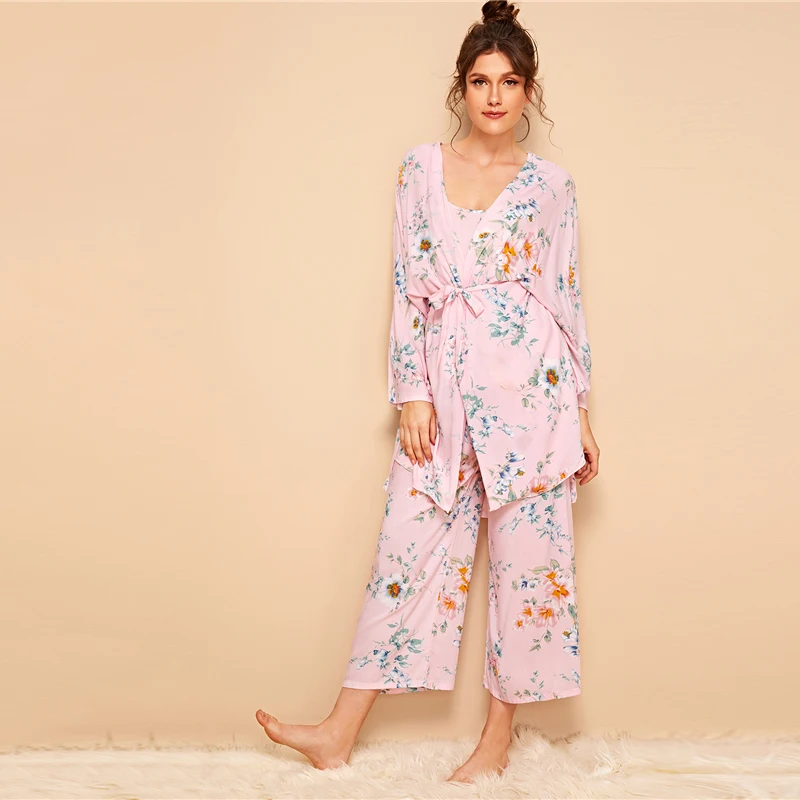 SHEIN цветочный принт Cami пижамный комплект с халатиком для женщин Летняя повседневная одежда для сна Спагетти ремень с длинным рукавом поясом женский халат