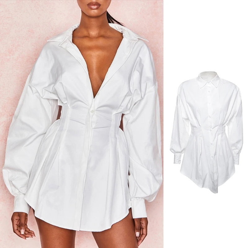 

Women Lantern Sleeve Lapel V-Neck Button Pleated Empire Waist Mini Blouse Dress