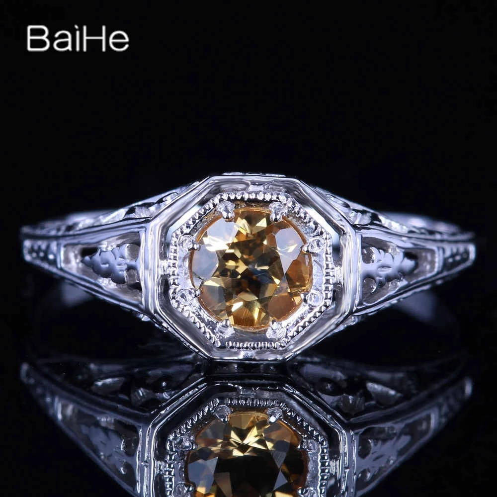 

BAIHE Sterling Silver 925 0.92ct Yellow Flawless Round Genuine Citrine Engagement Gift Women Vintage Fine Jewelry Citrine Ring