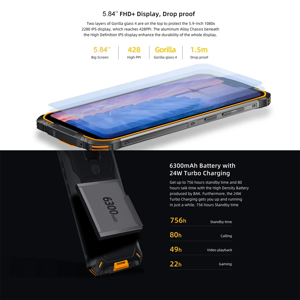 Смартфон DOOGEE S68 Pro защищенный IP68/IP69K Android 9 0 Helio P70 8 ядер 6 + 128 ГБ 5 84 дюйма FHD 16 МП 4
