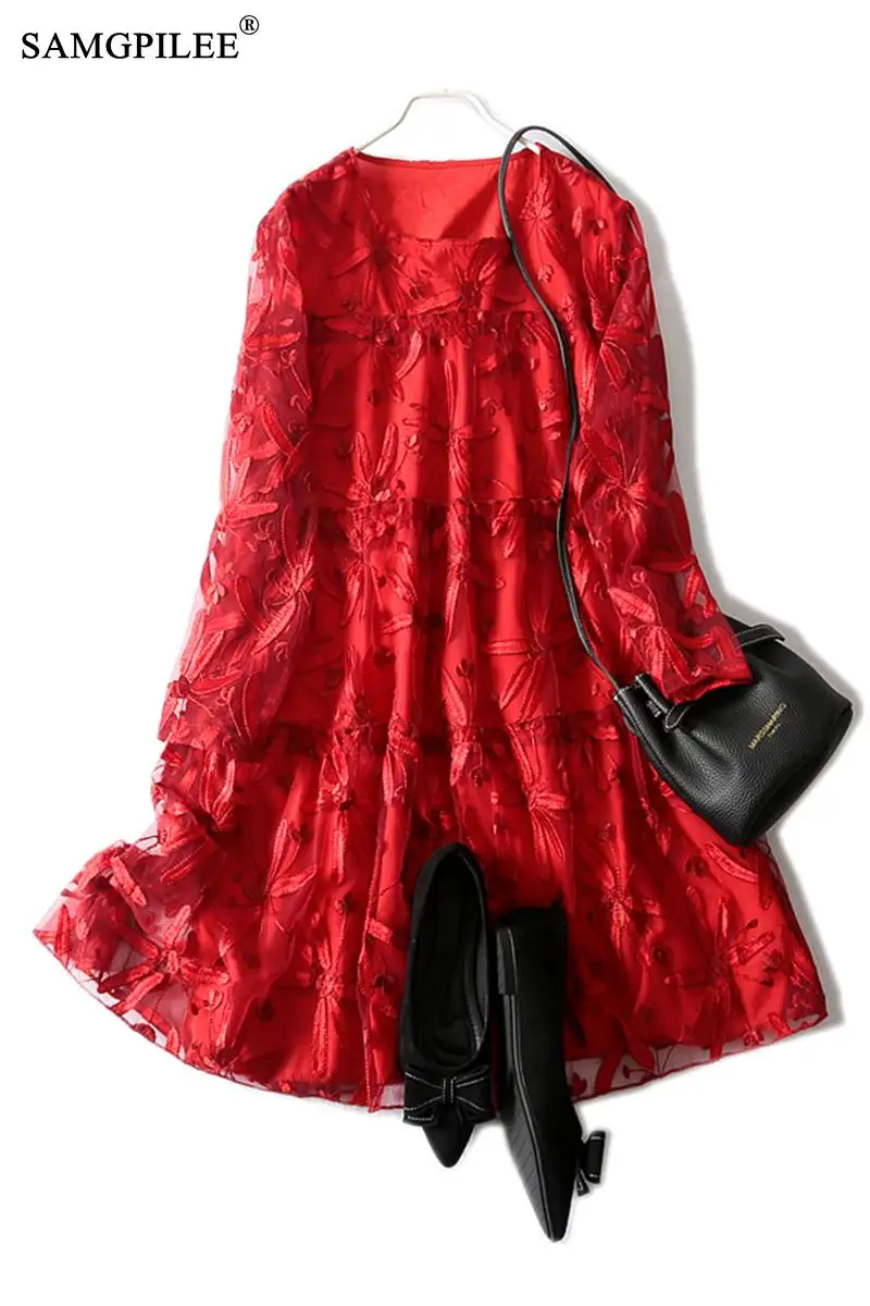 

Luxury High Quality Embroidered Female Hollow Flower Round Neck A-line Fashion Dress For Women 2021 New Autumn And Winter 4XL