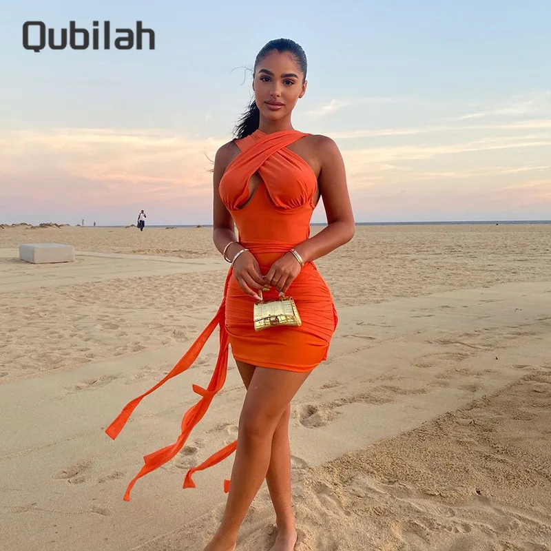 

Dresses Women Hollow Out Bodycon Dress Y2k Dress Autumn Winter New Fashion Solid Color Halter Ribbon Mini Dress Women's Clothing