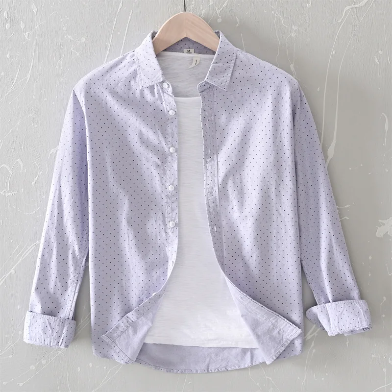 Мини 2020 Мужская рубашка с длинным рукавом в горошек белая небесно голубая