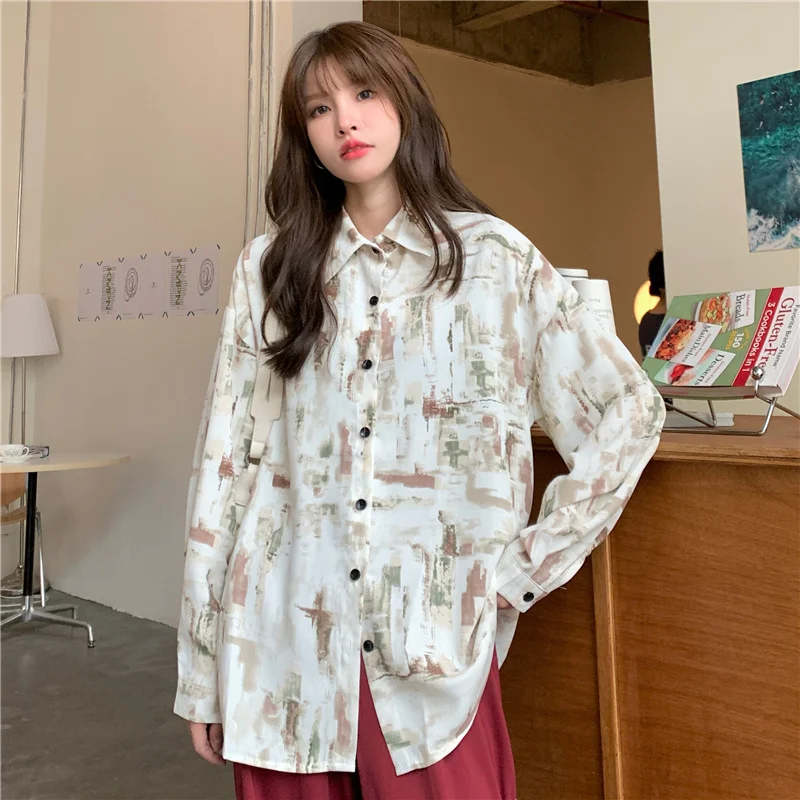 

Женская рубашка с длинным рукавом и винтажным принтом, осень 2021