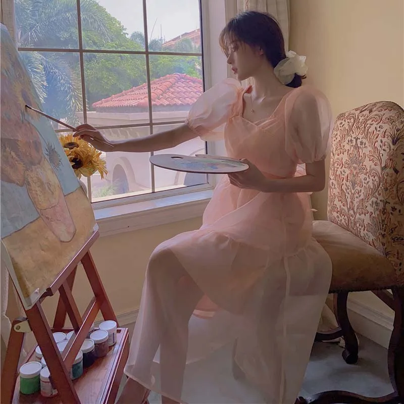 

Summer French Temperament Dress Korean Sweet V-Neck Tender Girl Short Puff Sleeve Dress Gauze Bandage Bow Women Party Dress 2021