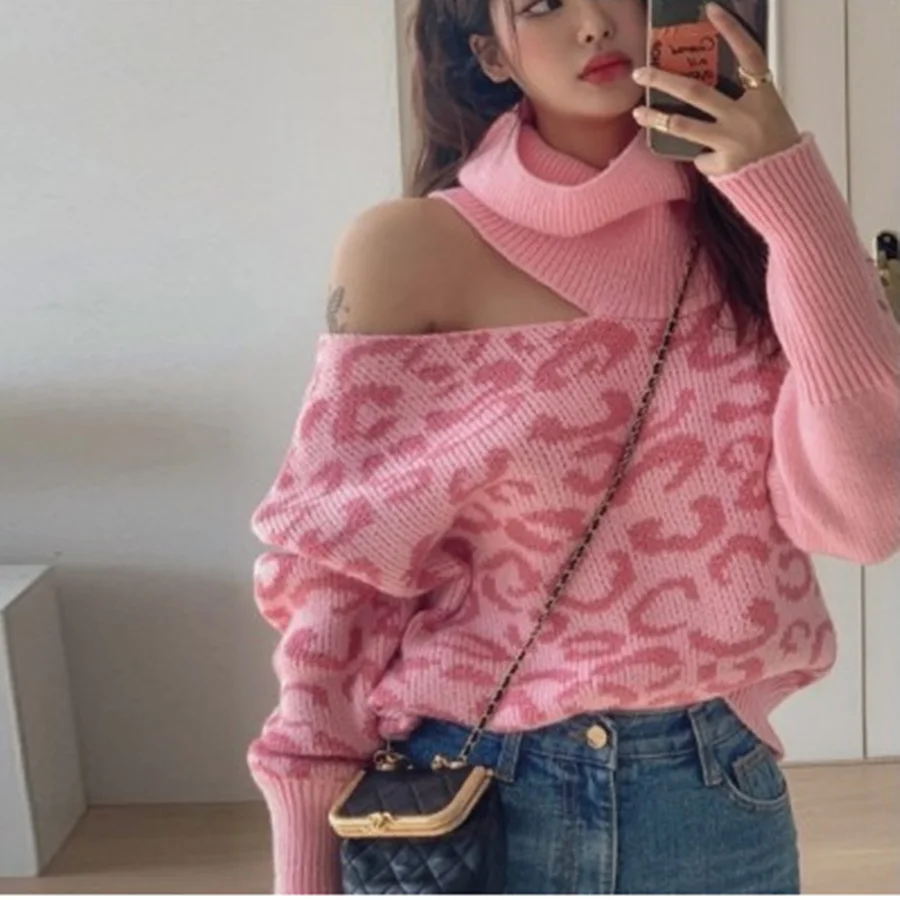 

Women Turtleneck Pullovers Strapless Long Sleeve Knitted Sweater 2021 Newest Winter Designer Thick Warm Bulky Tunic Tops Mujer