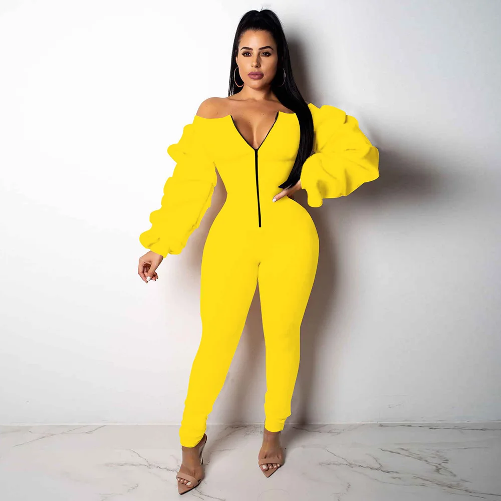 

Fall 2020 Women Jumpsuits Long Puff Sleeve Off Shoulder Zipper High Waist Sexy Skinny Solid Clubwear Jumpsuit