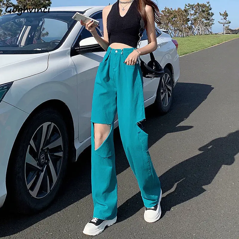 

Летние Узкие рваные джинсы, женские прямые, с высокой талией, с дырками, мешковатые, уличные, Harajuku, Ulzzang, для отдыха