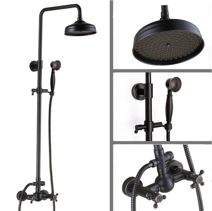 

Черный Масло Втирают Латунь двойные крестообразные Ручки Ванная комната 8 дюймов Круглый дождь смеситель для душа набор смеситель ручной душ mrs047